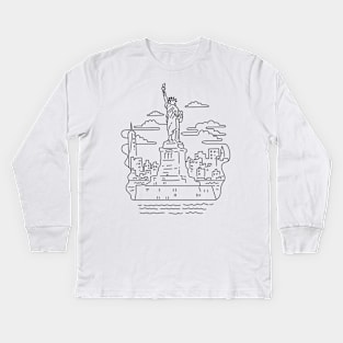 Statue of Liberty with New York City Skyline USA Mono Line Art Kids Long Sleeve T-Shirt